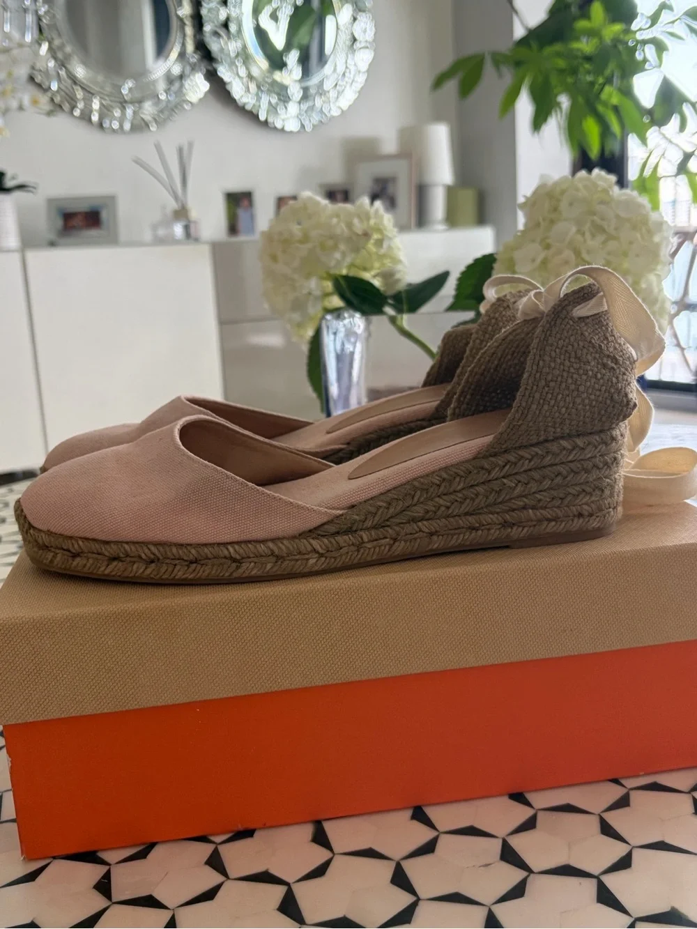Castaner Pink Canvas Espadrille Wedge Heel and Tie-Back